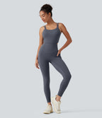 Non-Removable Pad Tummy Control Butt Lifting Ruched Yoga Jumpsuit with Pockets-Edition — Silent Blue — view 2