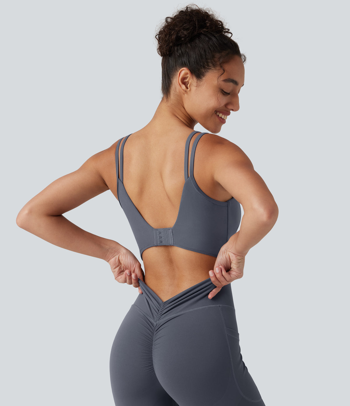Non-Removable Pad Tummy Control Butt Lifting Ruched Yoga Jumpsuit with Pockets-Edition — Silent Blue — view 4