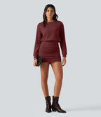 Ribbed Knit Boat Neck Long Sleeve Mini Casual Dress — Pomegranate — view 6