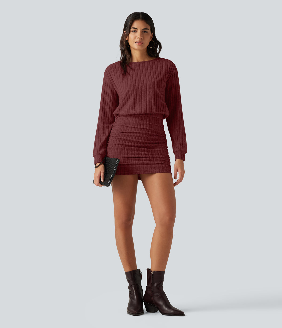 Ribbed Knit Boat Neck Long Sleeve Mini Casual Dress — Pomegranate — view 6