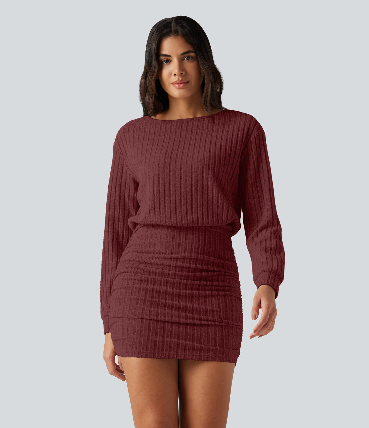 Ribbed Knit Boat Neck Long Sleeve Mini Casual Dress — Pomegranate — view 1