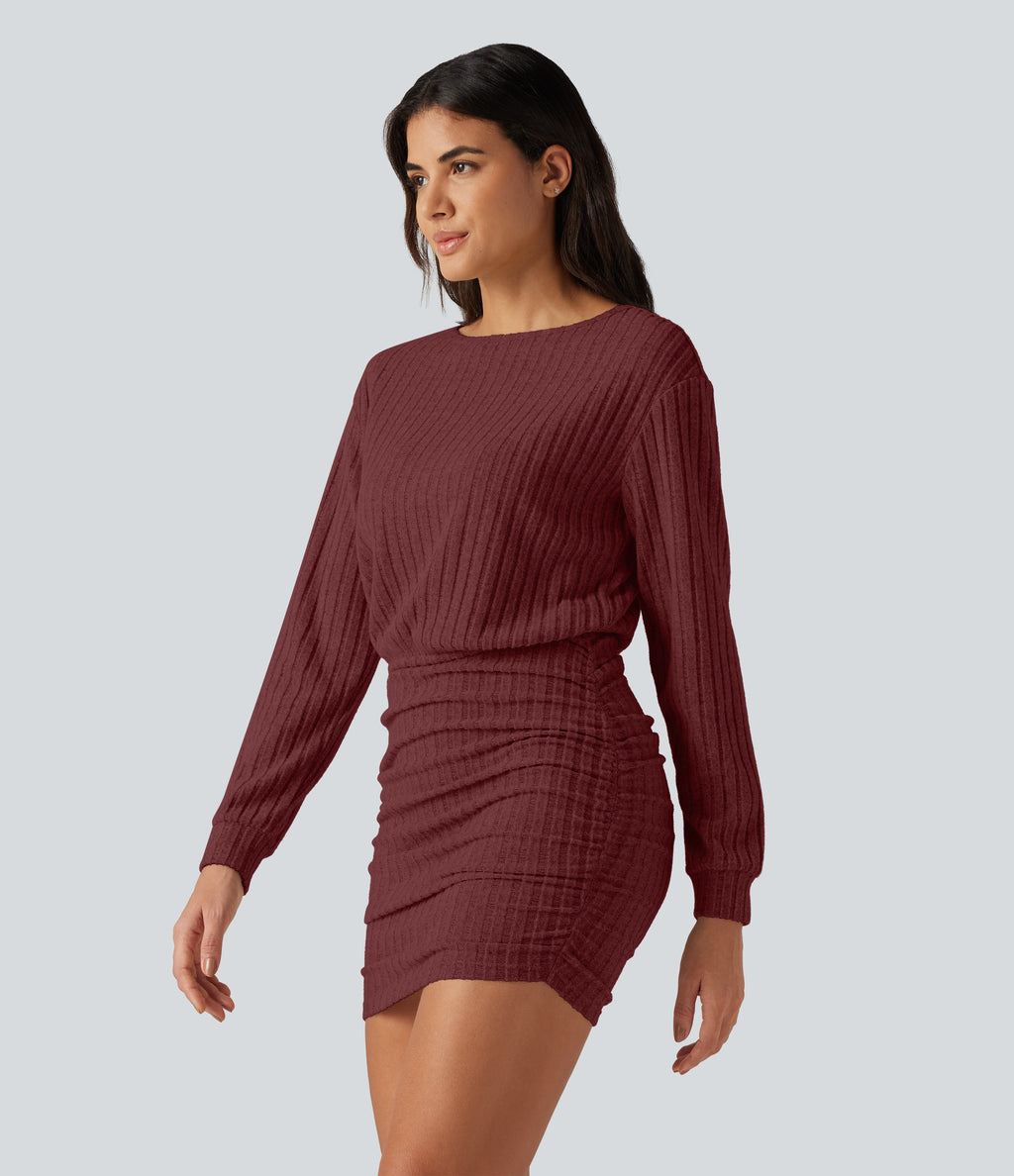 Ribbed Knit Boat Neck Long Sleeve Mini Casual Dress — Pomegranate — view 3