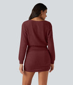 Ribbed Knit Boat Neck Long Sleeve Mini Casual Dress — Pomegranate — view 2