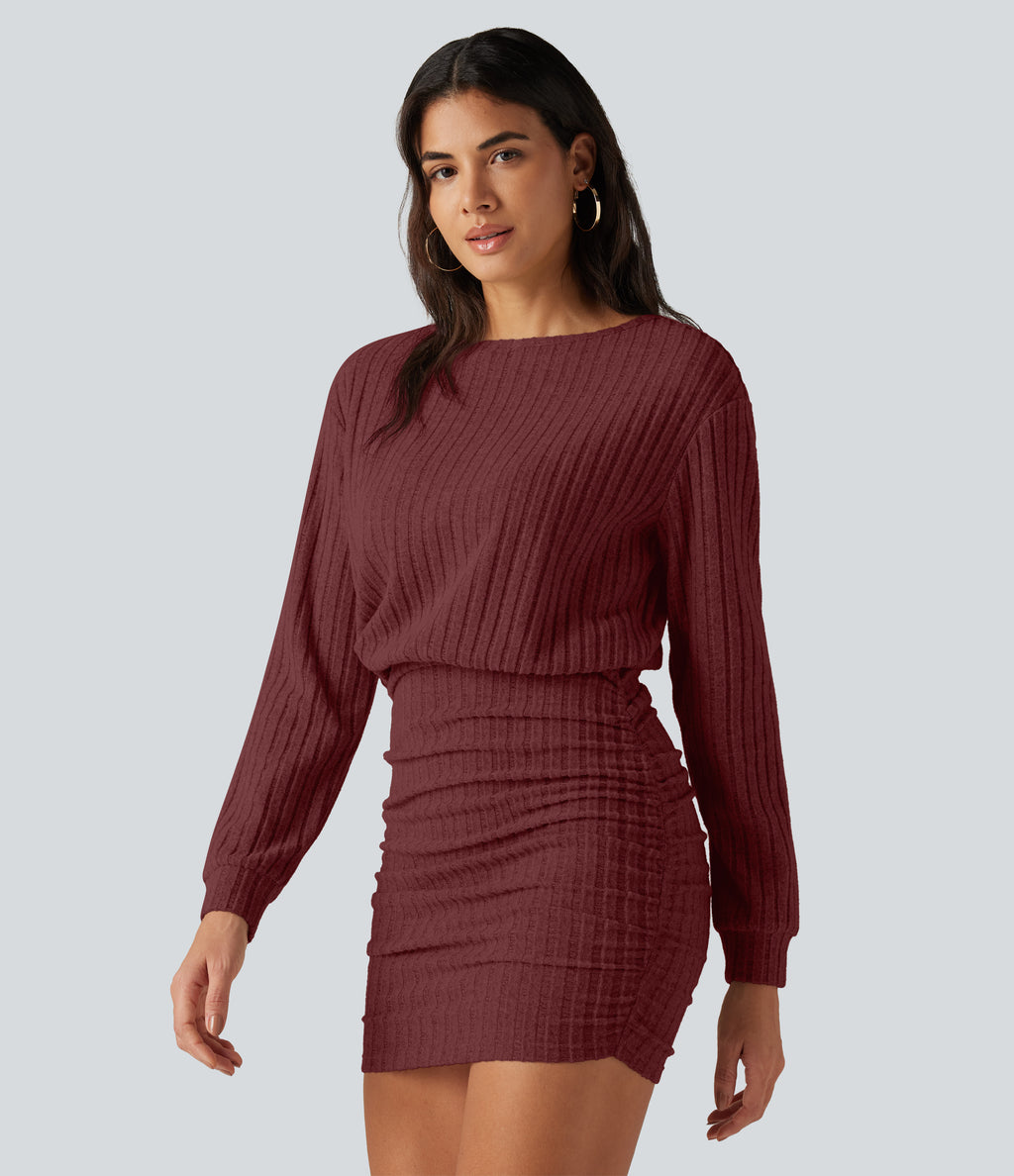 Ribbed Knit Boat Neck Long Sleeve Mini Casual Dress — Pomegranate — view 5