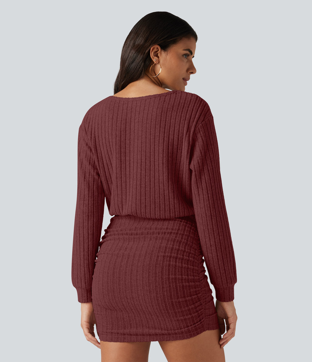 Ribbed Knit Boat Neck Long Sleeve Mini Casual Dress — Pomegranate — view 4