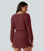 Ribbed Knit Boat Neck Long Sleeve Mini Casual Dress — Pomegranate — view 4
