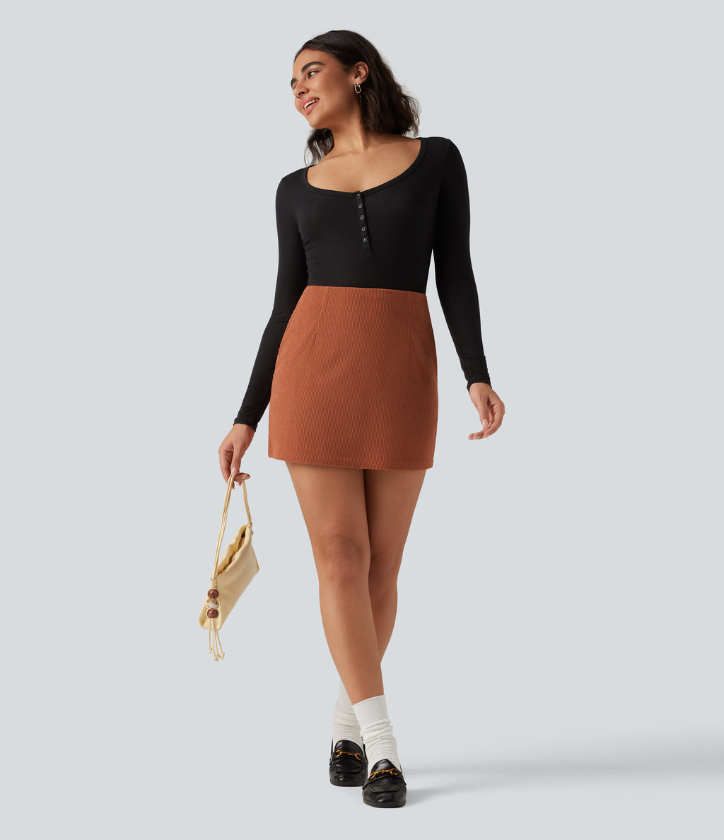 High Waisted A Line Corduroy Mini Casual Skirt with Pockets — Baked Clay — view 6