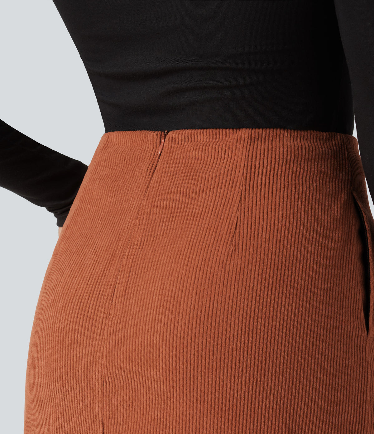 High Waisted A Line Corduroy Mini Casual Skirt with Pockets — Baked Clay — view 4