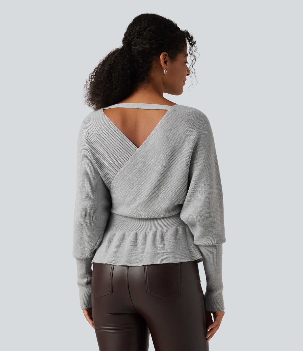V Neck Batwing Long Sleeve Cut Out Casual Jumper — Dawn Blue — view 2