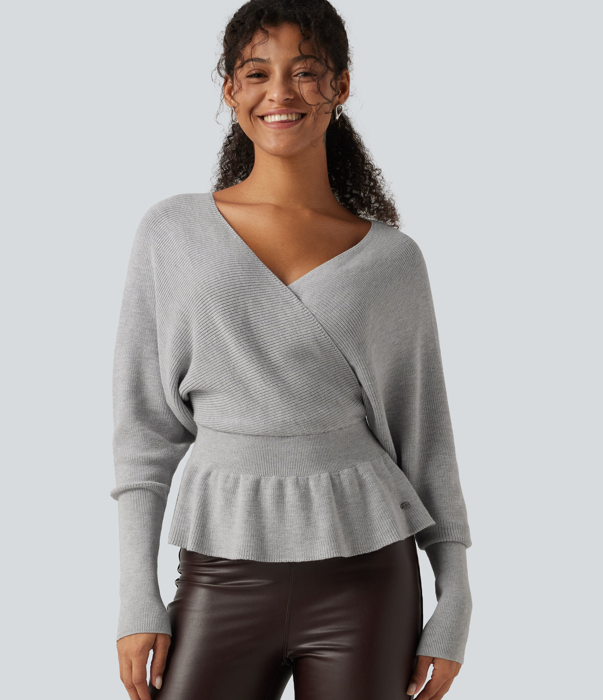 V Neck Batwing Long Sleeve Cut Out Casual Jumper — Dawn Blue — view 4