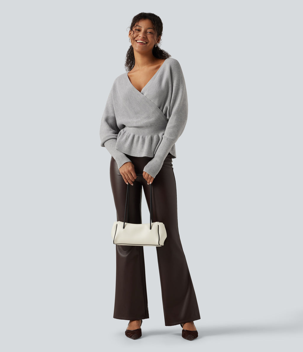 V Neck Batwing Long Sleeve Cut Out Casual Jumper — Dawn Blue — view 8