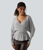V Neck Batwing Long Sleeve Cut Out Casual Jumper — Dawn Blue — view 1