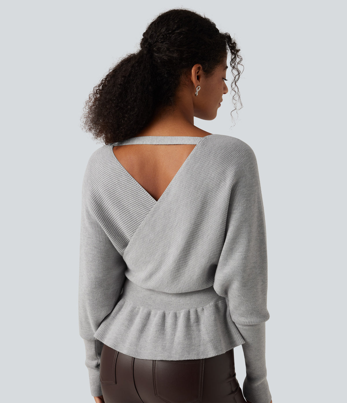 V Neck Batwing Long Sleeve Cut Out Casual Jumper — Dawn Blue — view 5