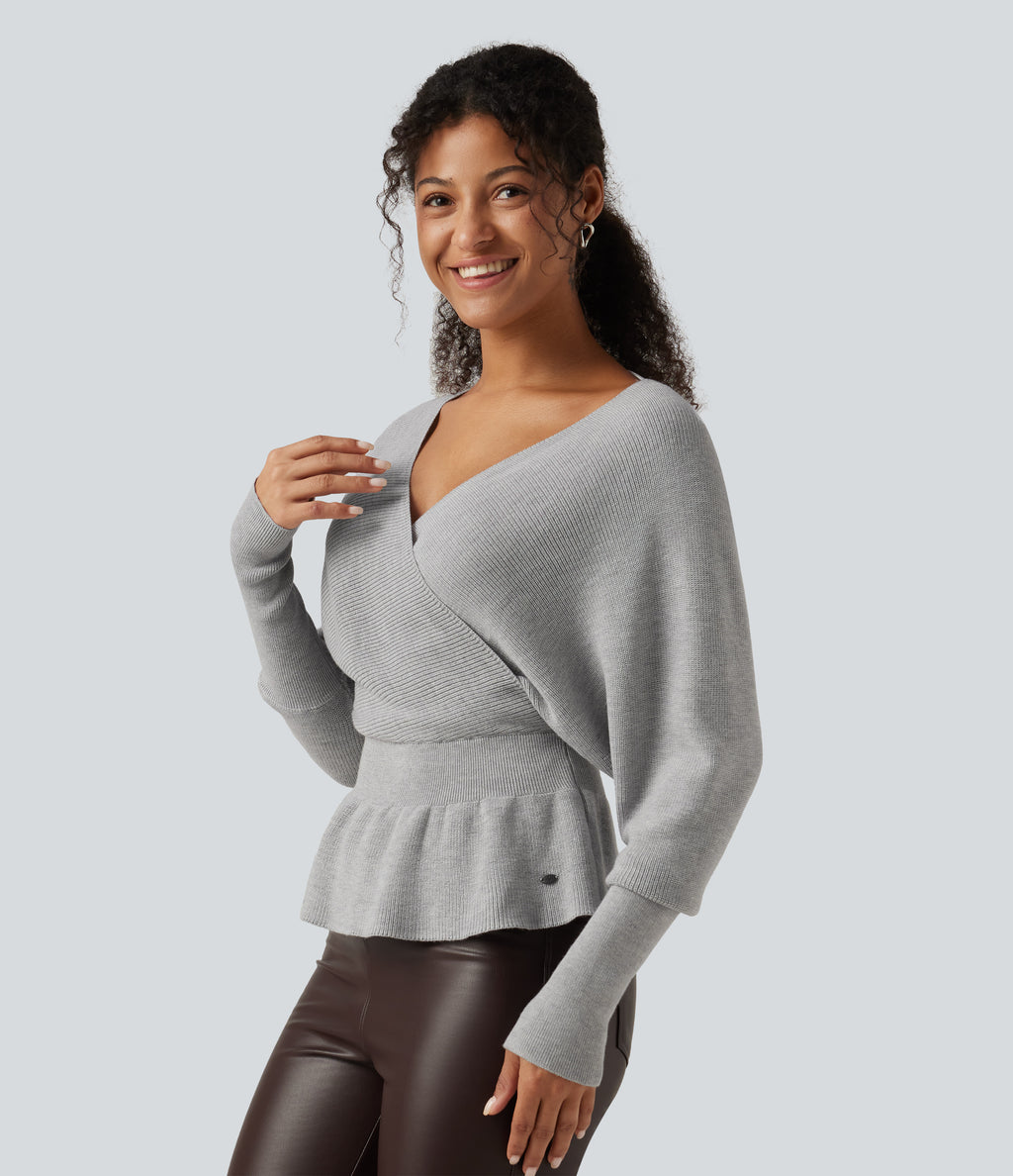 V Neck Batwing Long Sleeve Cut Out Casual Jumper — Dawn Blue — view 3