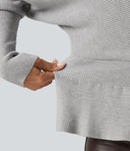V Neck Batwing Long Sleeve Cut Out Casual Jumper — Dawn Blue — view 7