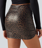 High Waisted Tummy Control Ruched Curved Hem 2-in-1 Stretchy PU Leopard Print Mini Skirt — Sienna Feline — view 4