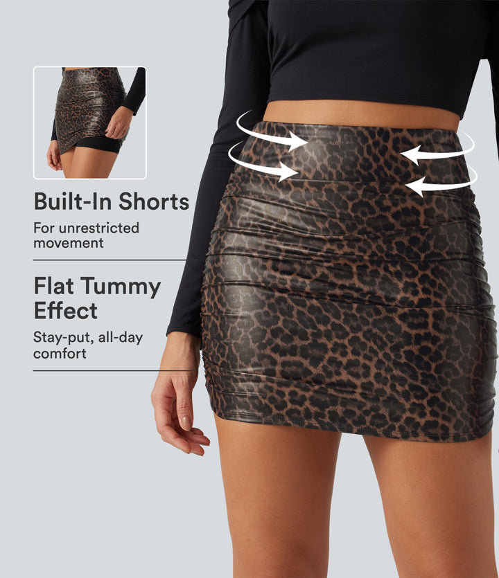 High Waisted Tummy Control Ruched Curved Hem 2-in-1 Stretchy PU Leopard Print Mini Skirt — Sienna Feline — view 1