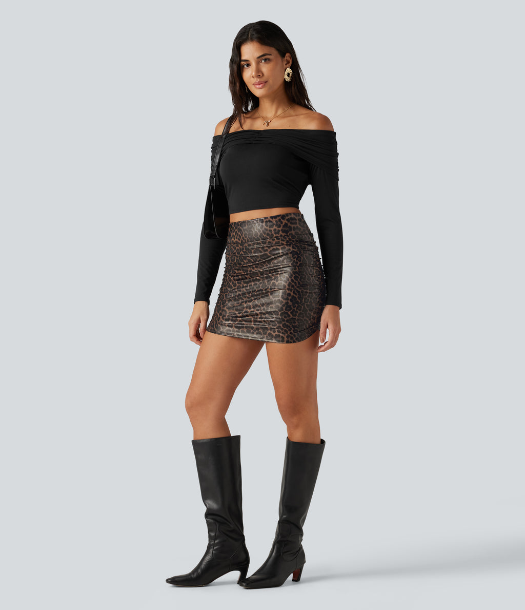 High Waisted Tummy Control Ruched Curved Hem 2-in-1 Stretchy PU Leopard Print Mini Skirt — Sienna Feline — view 8
