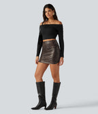 High Waisted Tummy Control Ruched Curved Hem 2-in-1 Stretchy PU Leopard Print Mini Skirt — Sienna Feline — view 8