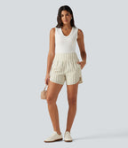 High Waisted Curved Hem 2-in-1 Stripe Casual Shorts 5" with Pockets — Cream Dual Stripe — view 6