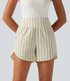 High Waisted Curved Hem 2-in-1 Stripe Casual Shorts 5" with Pockets — Cream Dual Stripe — view 3