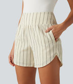 High Waisted Curved Hem 2-in-1 Stripe Casual Shorts 5" with Pockets — Cream Dual Stripe — view 4