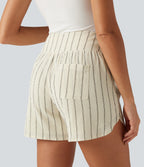 High Waisted Curved Hem 2-in-1 Stripe Casual Shorts 5" with Pockets — Cream Dual Stripe — view 5