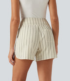 High Waisted Curved Hem 2-in-1 Stripe Casual Shorts 5" with Pockets — Cream Dual Stripe — view 2