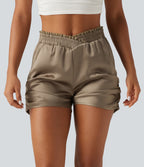 Mid Rise Crossover Lace Ruched Satin Casual Shorts 3'' with Pockets — Sandlot Beige — view 3