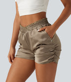 Mid Rise Crossover Lace Ruched Satin Casual Shorts 3'' with Pockets — Sandlot Beige — view 4