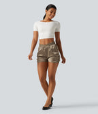 Mid Rise Crossover Lace Ruched Satin Casual Shorts 3'' with Pockets — Sandlot Beige — view 6