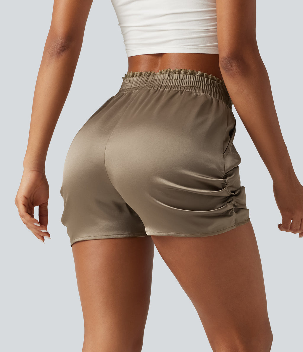 Mid Rise Crossover Lace Ruched Satin Casual Shorts 3'' with Pockets — Sandlot Beige — view 2