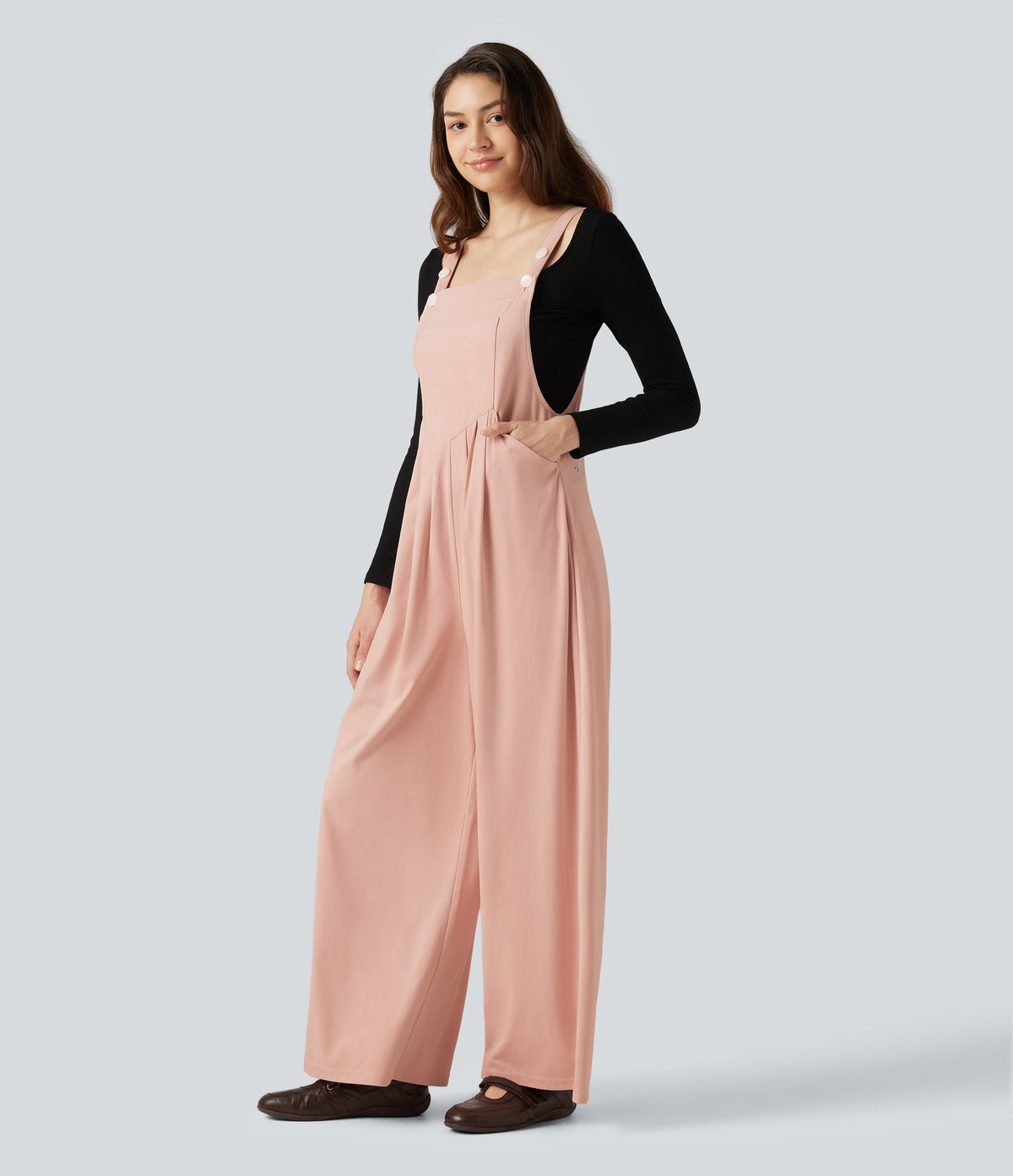 Suede Casual Dungarees with Pockets — Peachskin — view 3