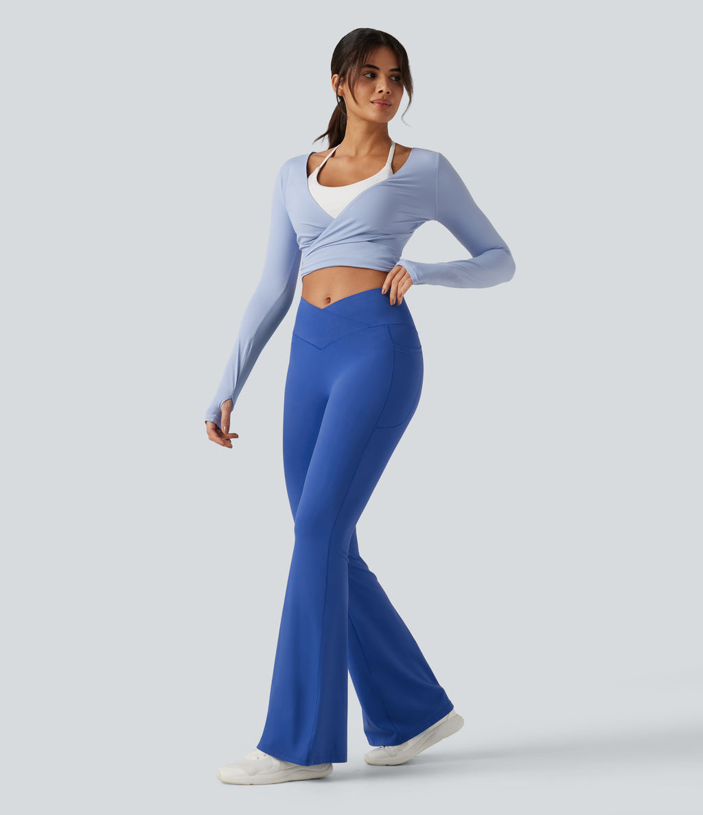 High Waisted Crossover Yoga Flare Leggings with Pockets — Beaucoup Blue — view 8