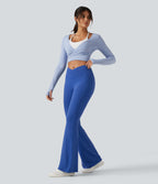 High Waisted Crossover Yoga Flare Leggings with Pockets — Beaucoup Blue — view 8