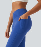 High Waisted Crossover Yoga Flare Leggings with Pockets — Beaucoup Blue — view 4