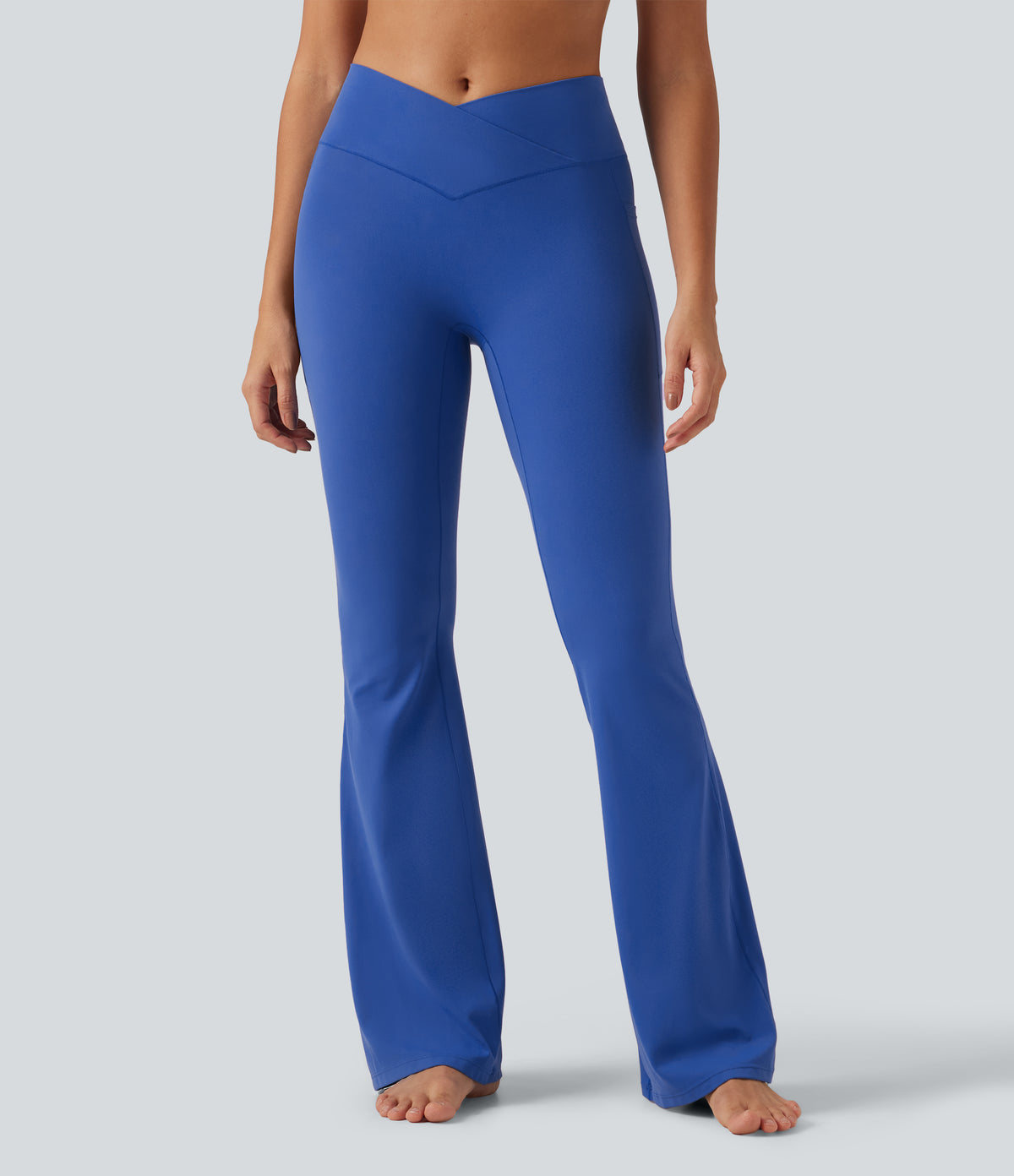 High Waisted Crossover Yoga Flare Leggings with Pockets — Beaucoup Blue — view 3