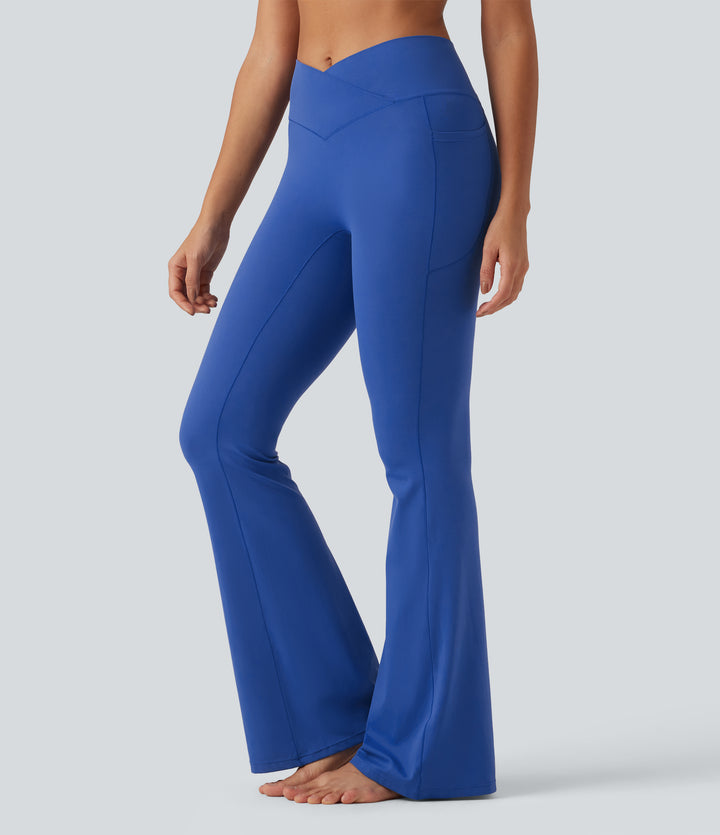 High Waisted Crossover Yoga Flare Leggings with Pockets — Beaucoup Blue — view 1
