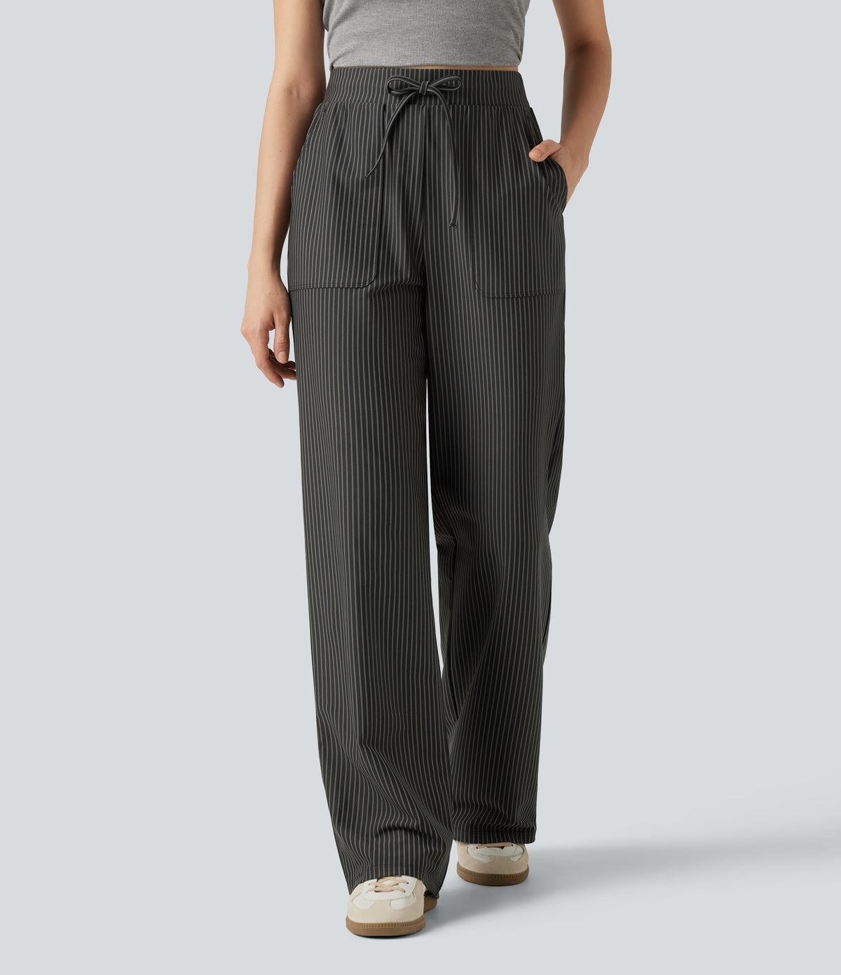 High Waisted Drawstring Straight Leg Stripe Casual Trousers with Pockets — Steel Stripe — view 6