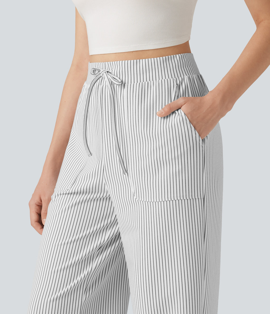 High Waisted Drawstring Straight Leg Stripe Casual Trousers with Pockets — Zebra Ripple — view 4