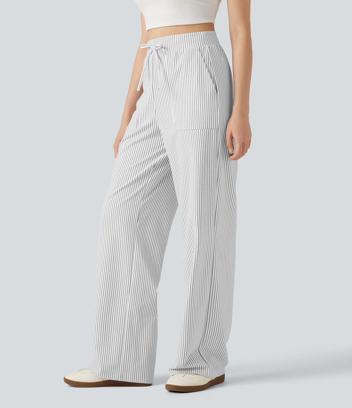 High Waisted Drawstring Straight Leg Stripe Casual Trousers with Pockets — Zebra Ripple — view 3