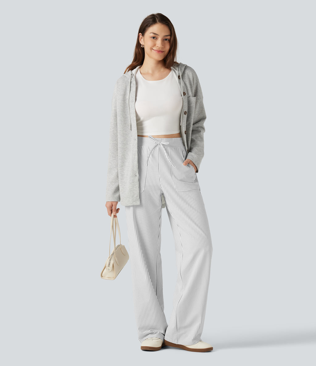 High Waisted Drawstring Straight Leg Stripe Casual Trousers with Pockets — Zebra Ripple — view 5