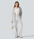 High Waisted Drawstring Straight Leg Stripe Casual Trousers with Pockets — Zebra Ripple — view 5