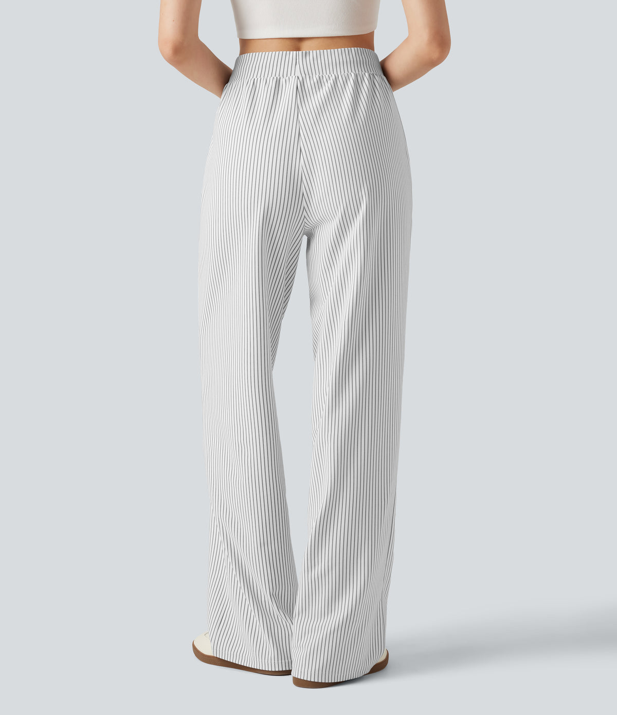 High Waisted Drawstring Straight Leg Stripe Casual Trousers with Pockets — Zebra Ripple — view 2