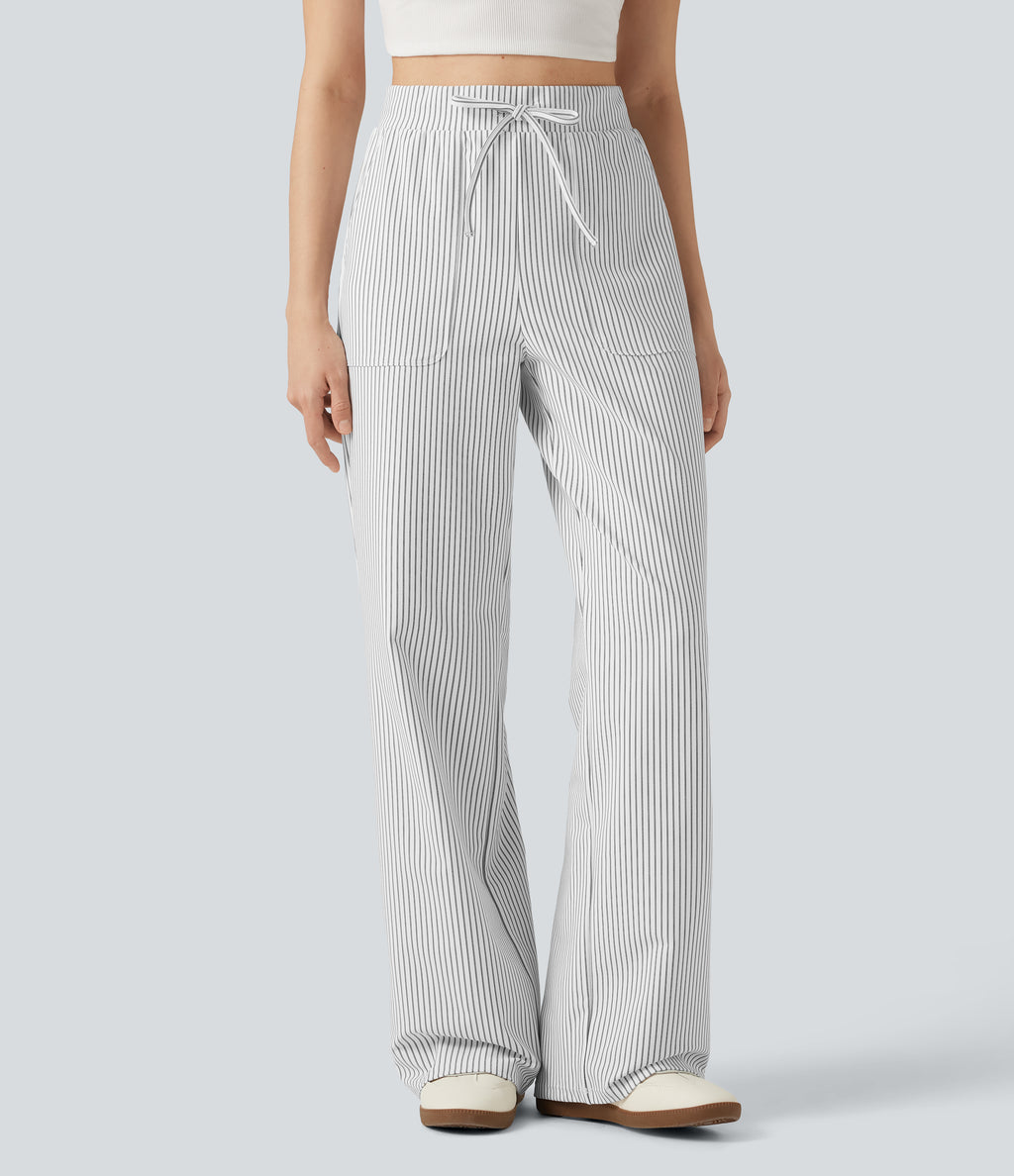 High Waisted Drawstring Straight Leg Stripe Casual Trousers with Pockets — Zebra Ripple — view 1