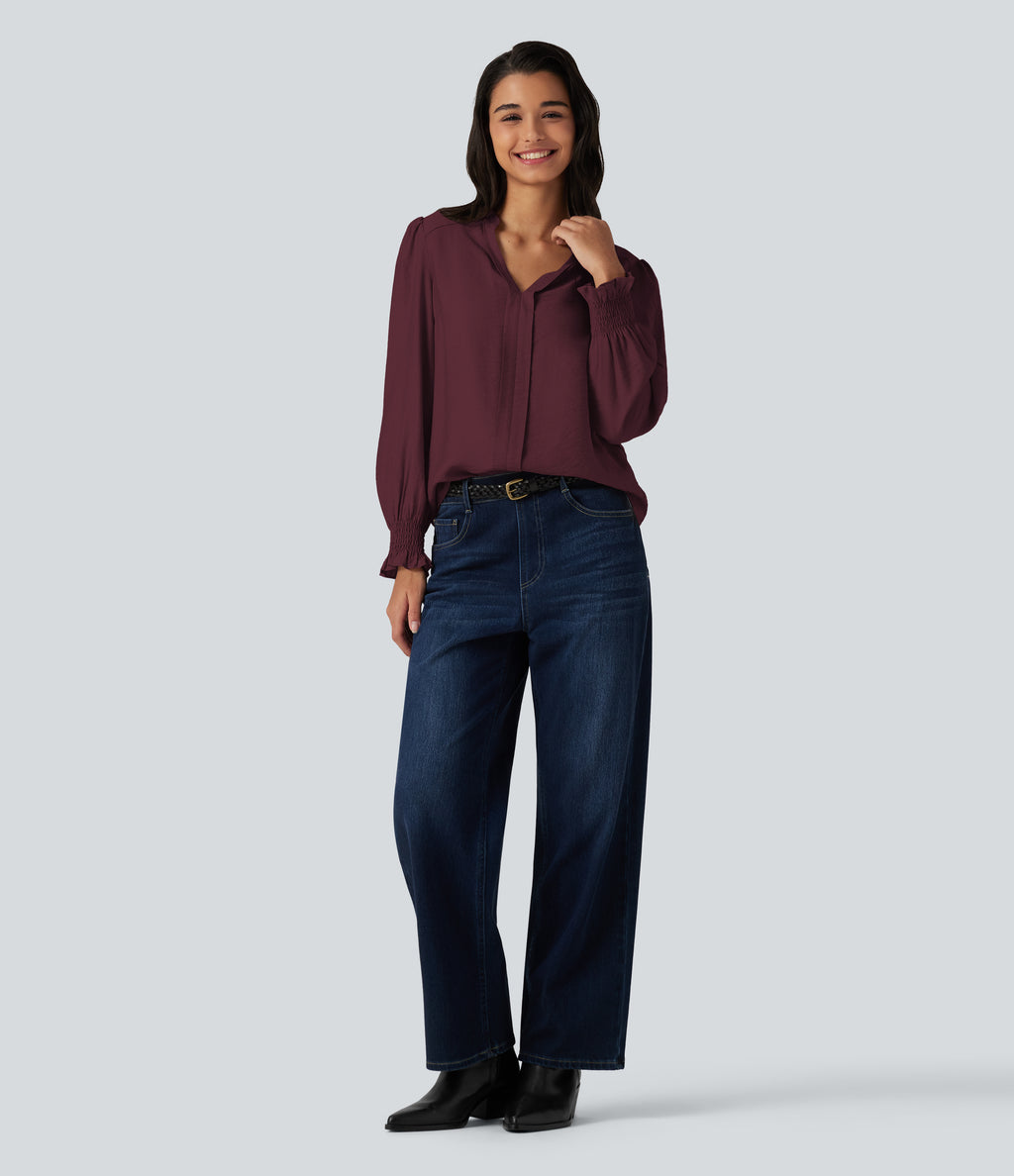 V Neck Puff Long Sleeve Casual Blouse — Wine Red — view 7