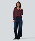 V Neck Puff Long Sleeve Casual Blouse — Wine Red — view 7