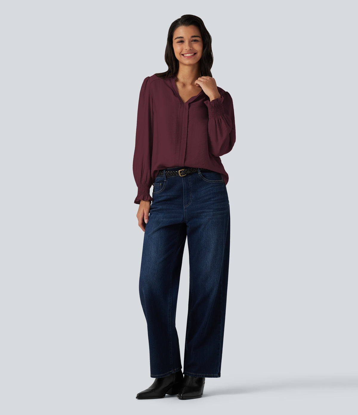 V Neck Puff Long Sleeve Casual Blouse — Wine Red — view 7