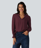 V Neck Puff Long Sleeve Casual Blouse — Wine Red — view 6