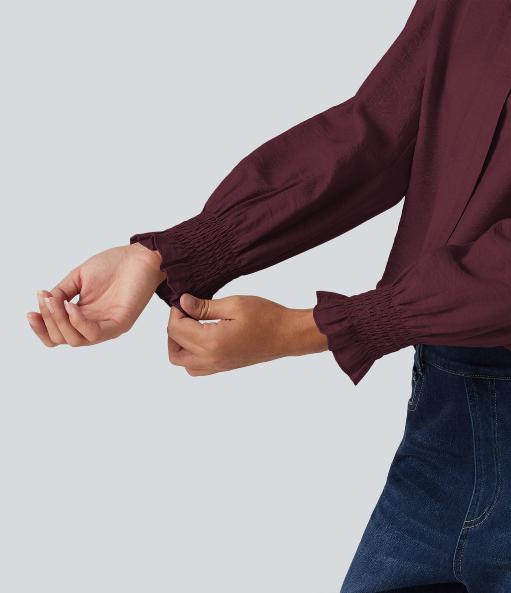V Neck Puff Long Sleeve Casual Blouse — Wine Red — view 5